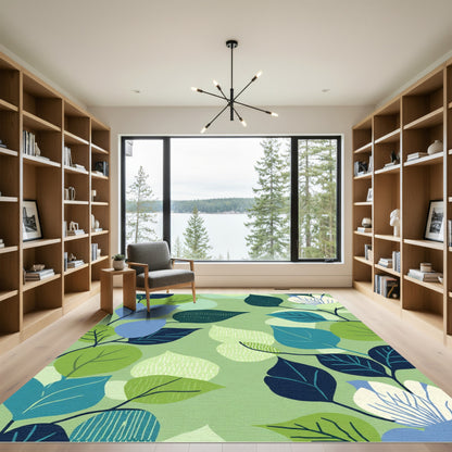 Modern Green Leafy Branch Arrangement Rug