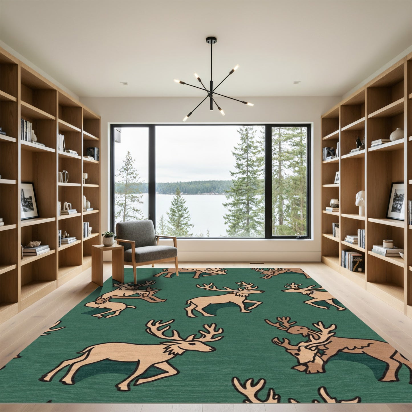 Green Tan Antlered Deer Repeating Elements Rug
