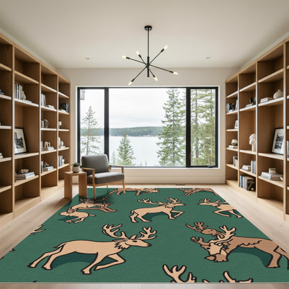 Green Tan Antlered Deer Repeating Elements Rug