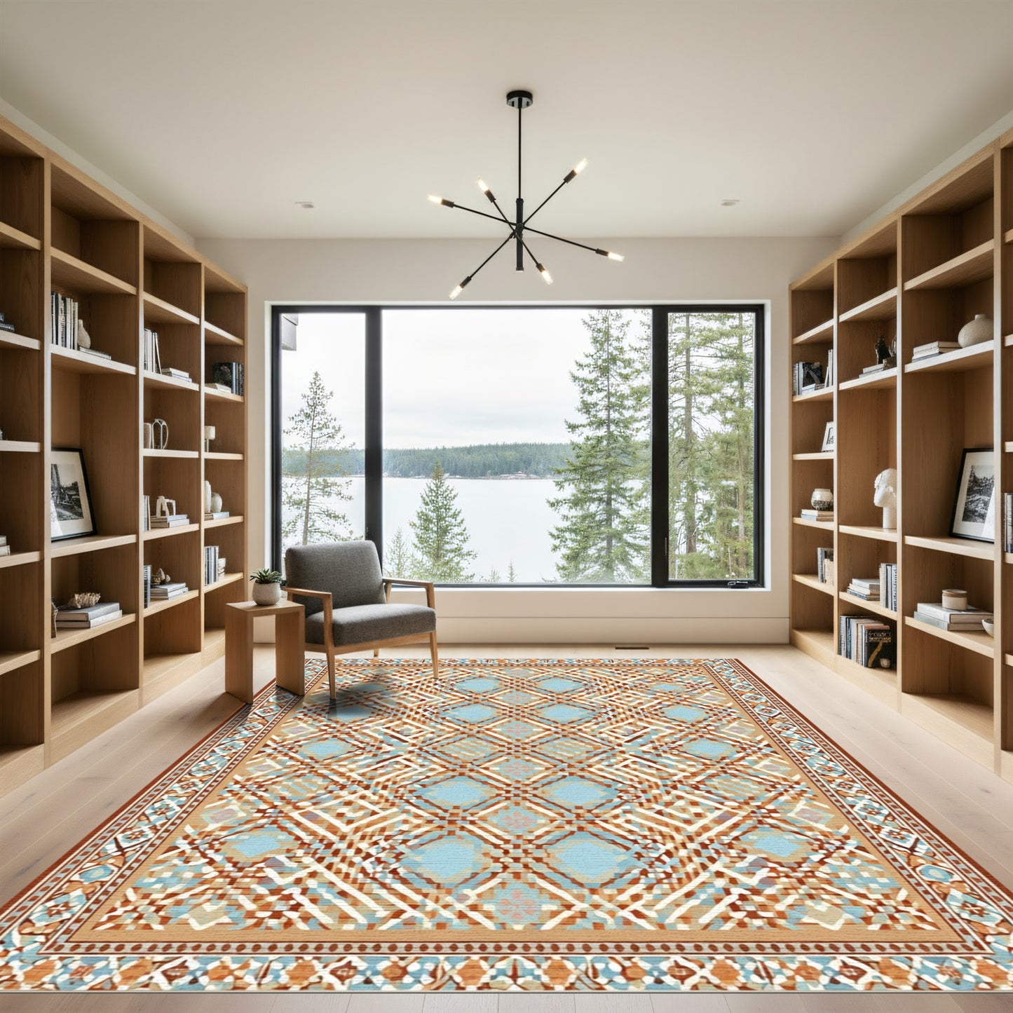 Geometric Lattice Medallion In Blue Tan Rug