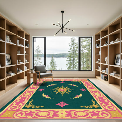 Emerald Pink Gold Starburst Medallion Rug