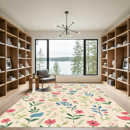 Whimsical Floral Garden Birds Rug
