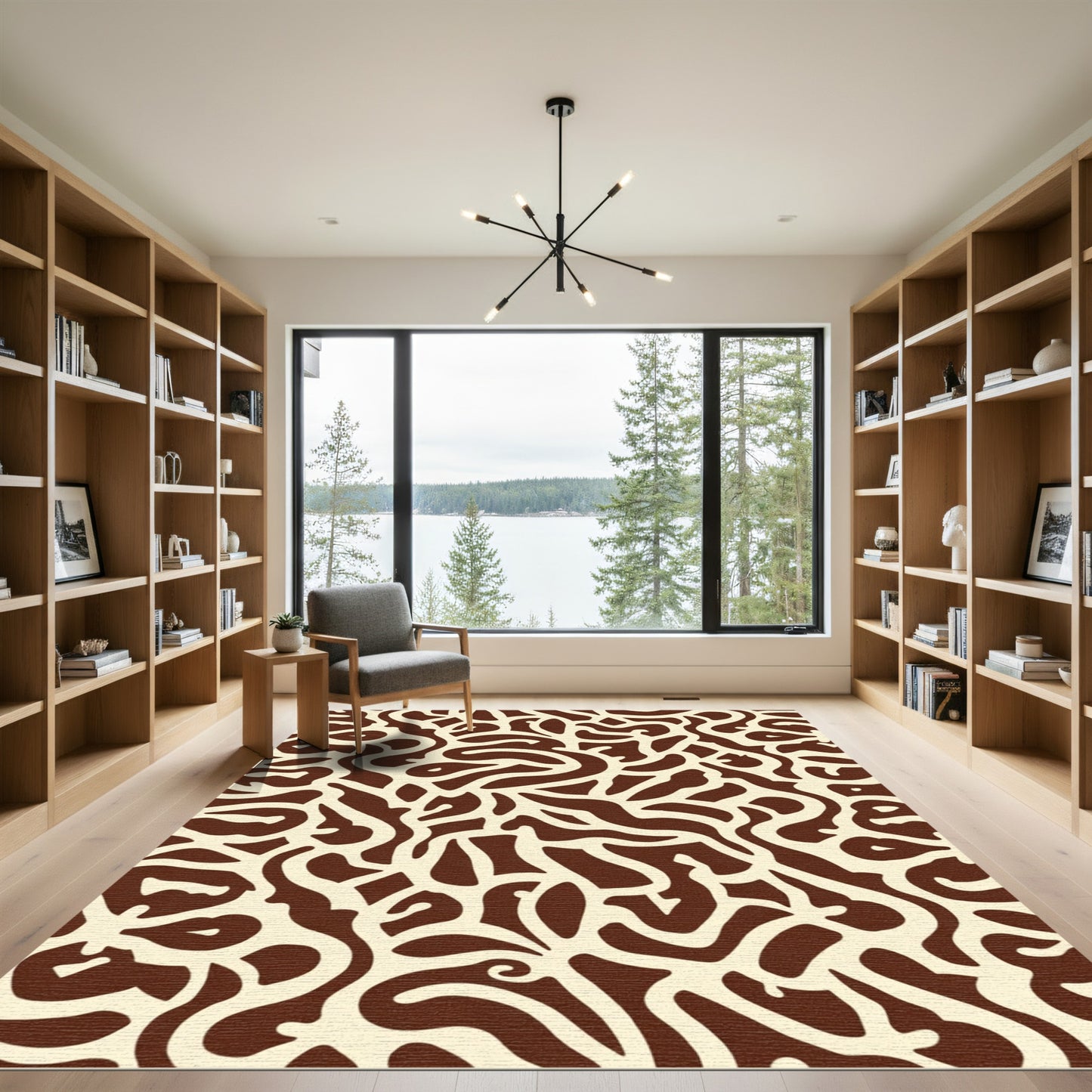 Cream Brown Abstract Labyrinth Swirl Rug