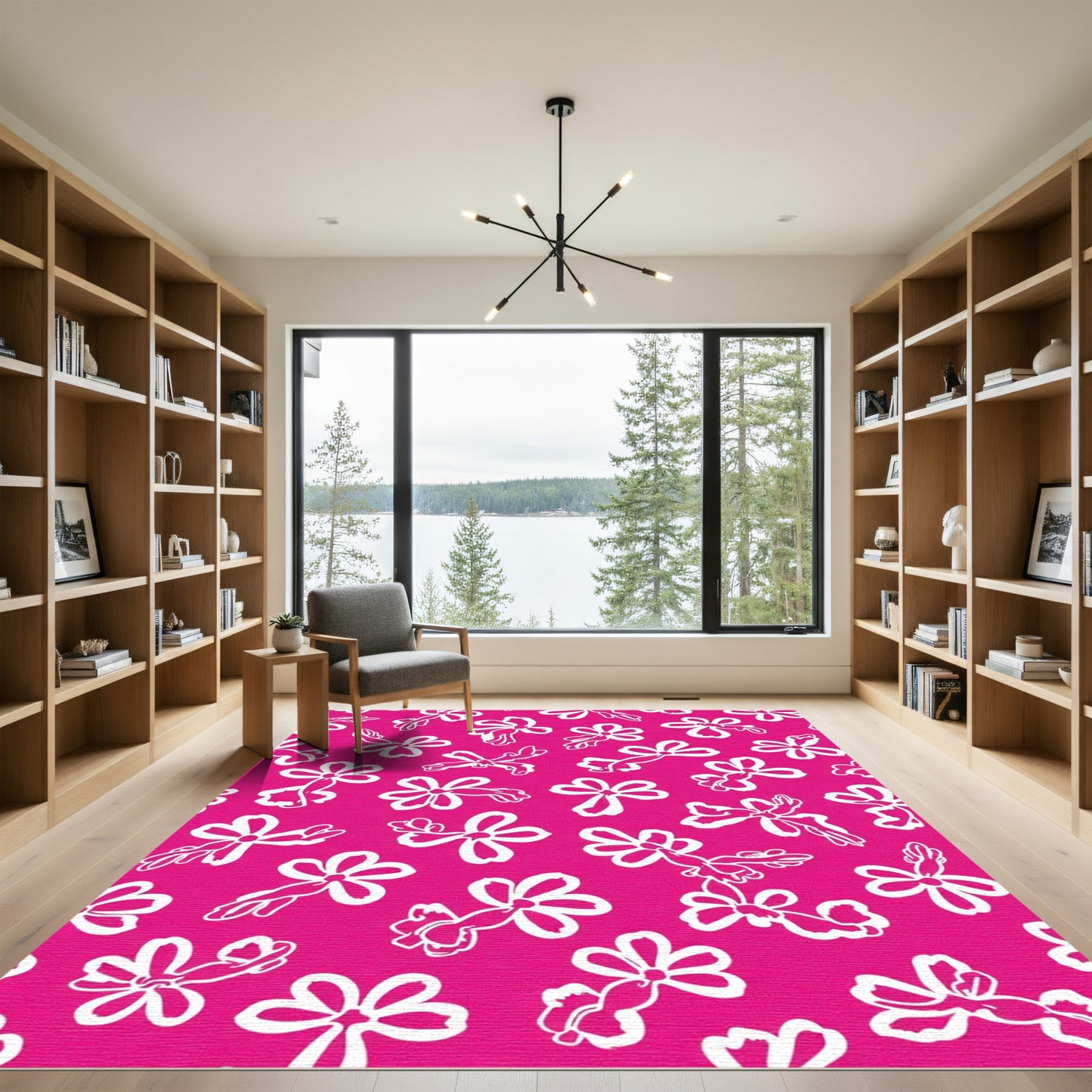 Bright Pink White Floral Garden Rug