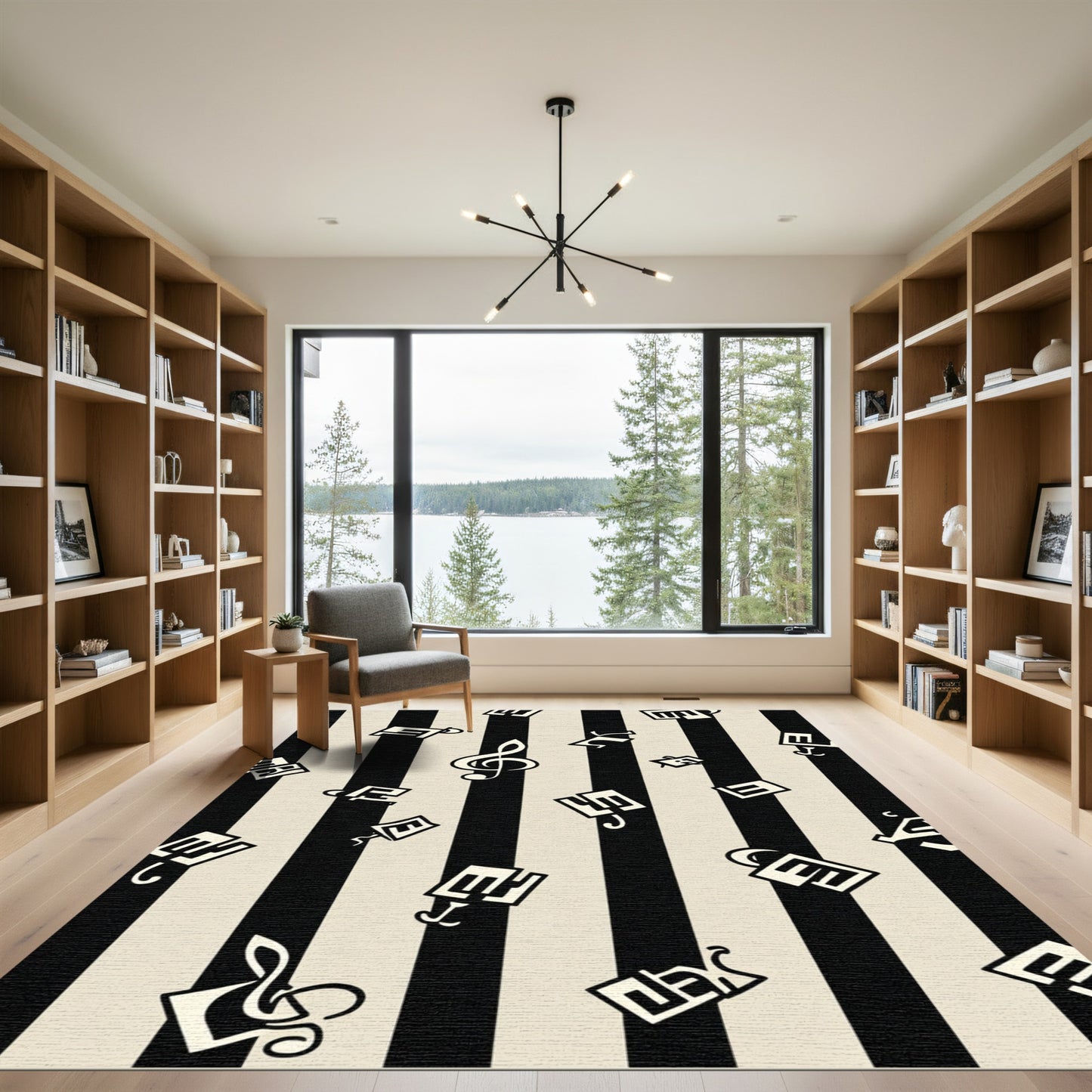 Black White Musical Notes Stripes Rug