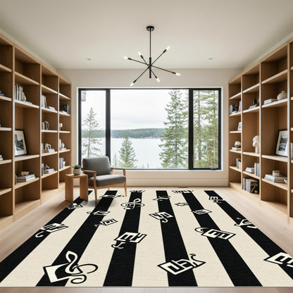 Black White Musical Notes Stripes Rug