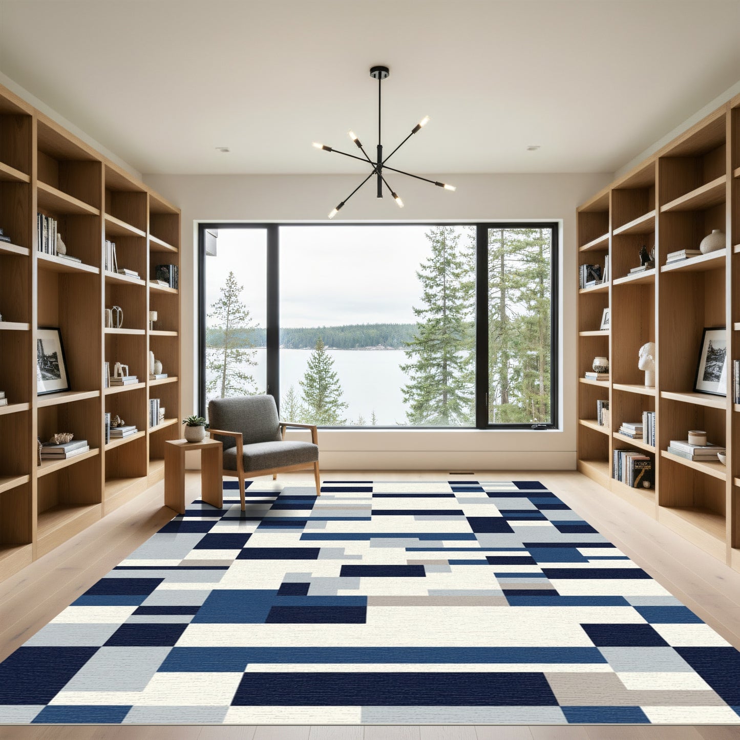 Navy Blue Geometric Rectangles Rug