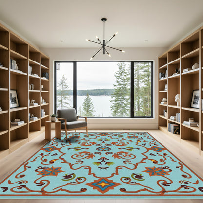 Teal Orange Floral Vine Arabesque Rug