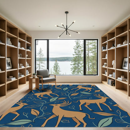 Amber Deer Woodland Forest Blue Rug