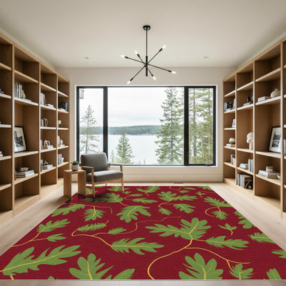 Deep Red Green Oak Leaf Vines Rug