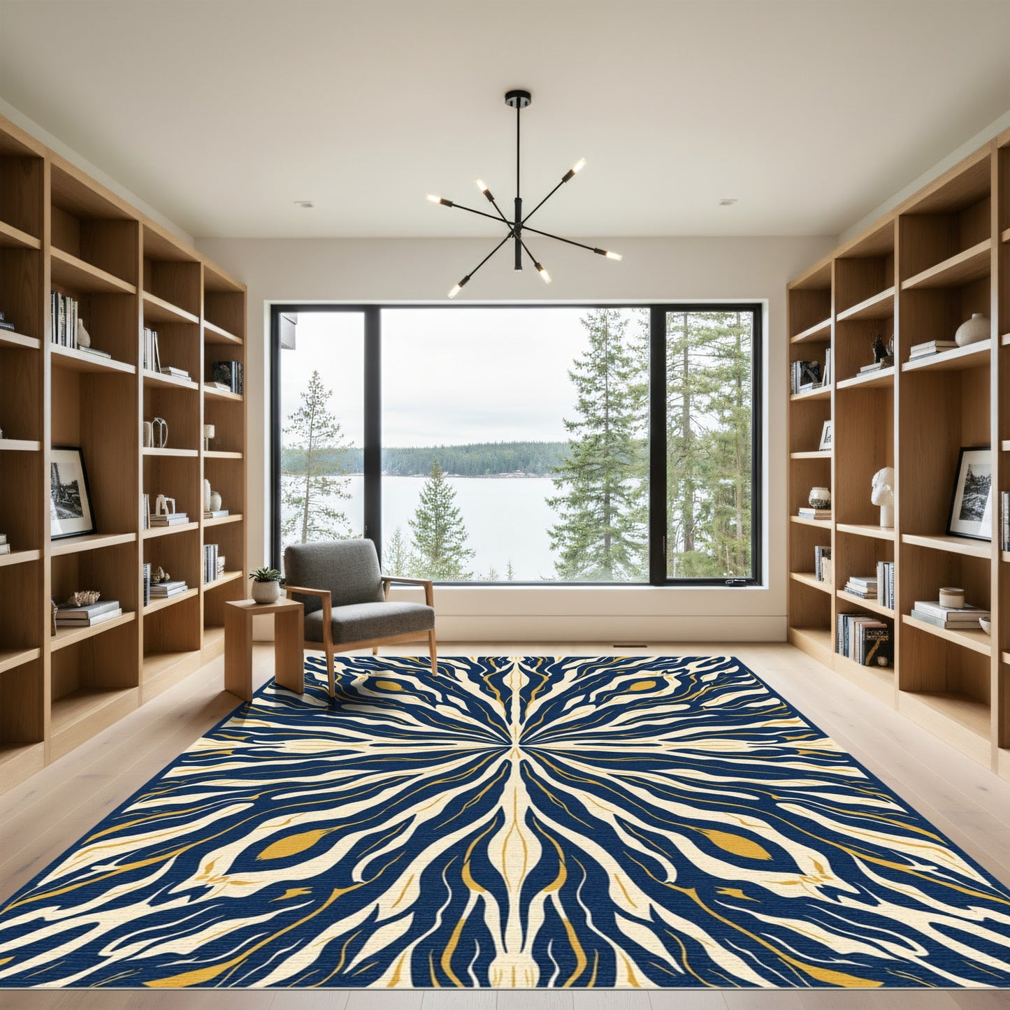 Abstract Blue Gold Symmetrical Bloom Rug