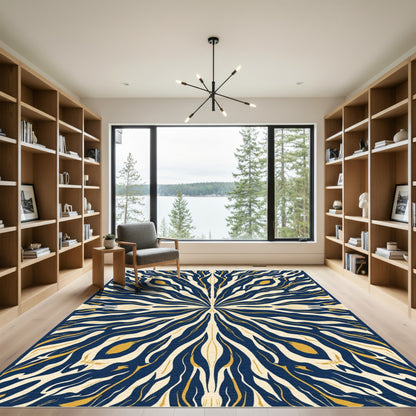 Abstract Blue Gold Symmetrical Bloom Rug