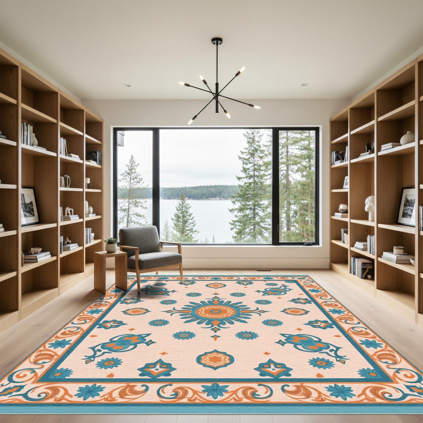 Teal Orange Floral Medallion Border Rug