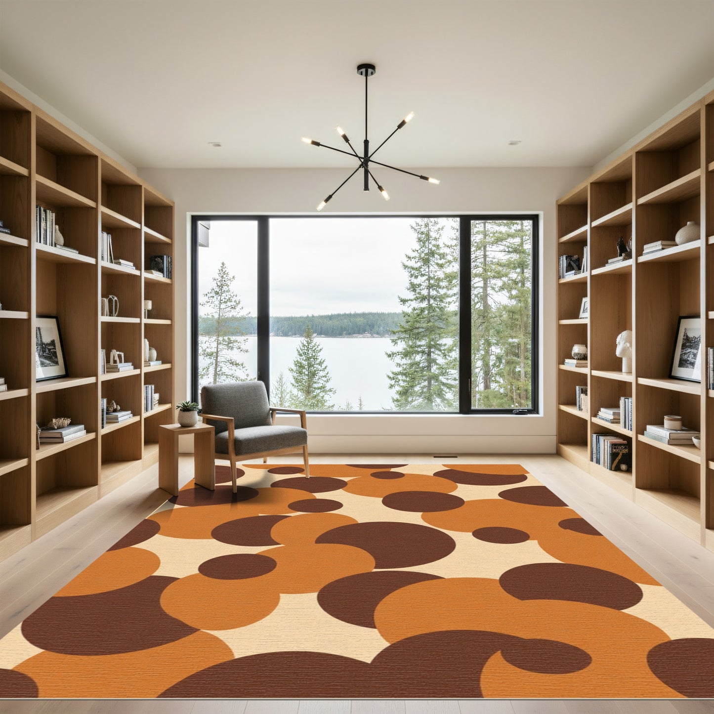 Retro Ochre Brown Circle Composition Rug
