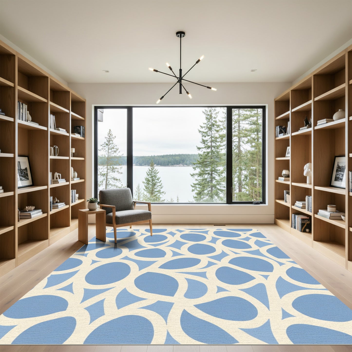 Flowing Cream Circles Abstract Blue Rug