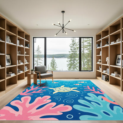 Whimsical Coral Turtle Fish Underwater Scene Rug