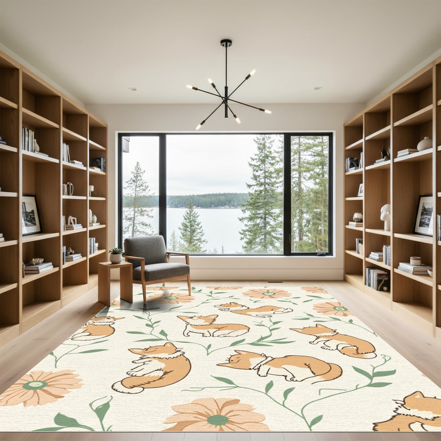 Whimsical Corgi Floral Garden Rug