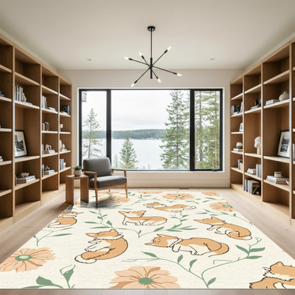 Whimsical Corgi Floral Garden Rug