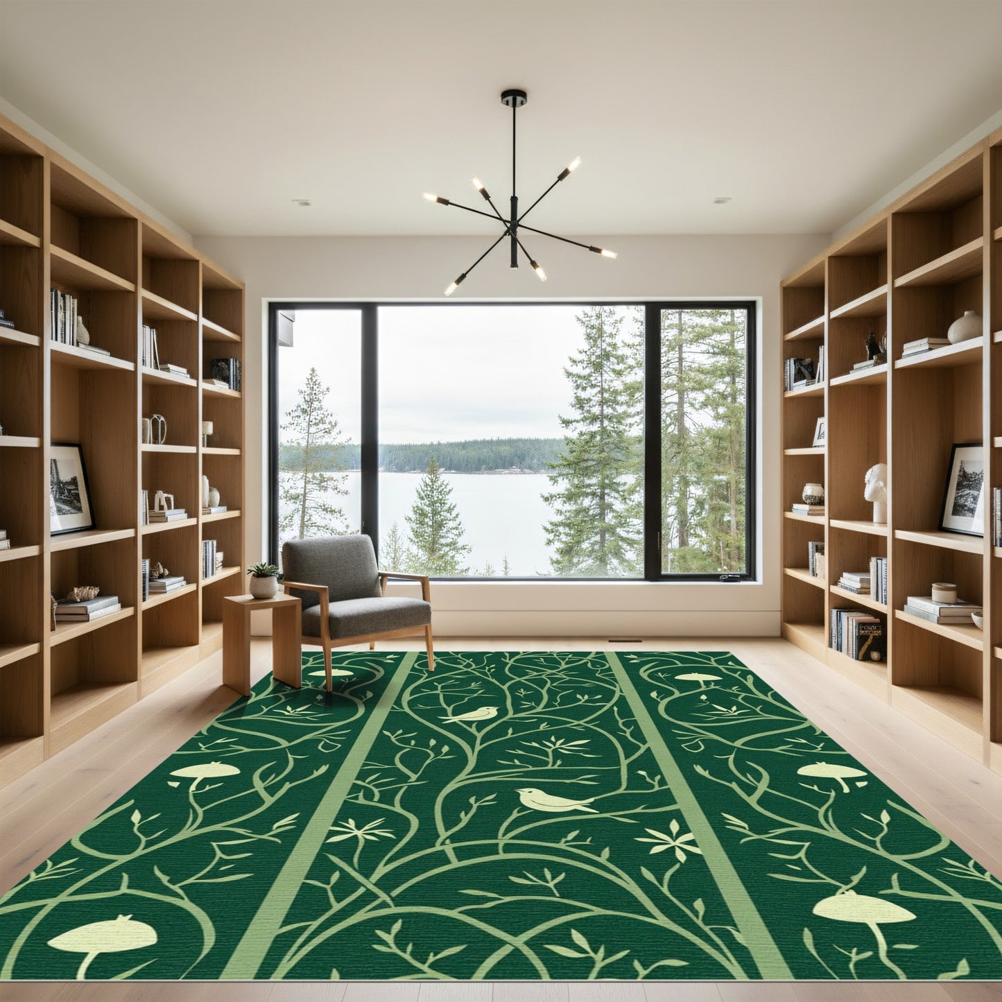 Earthy Green Bird Mushroom Botanical Scroll Rug