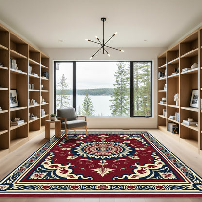 Crimson Cream Navy Medallion Frame Rug