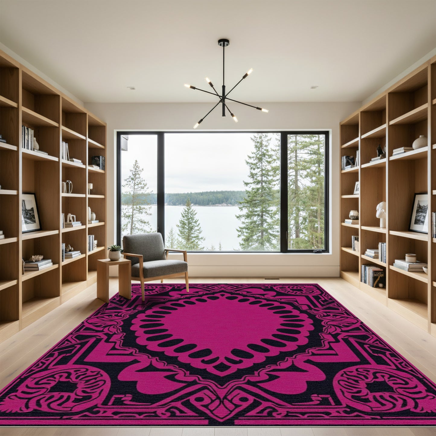 Bold Magenta Geometric Ornamental Frame Rug
