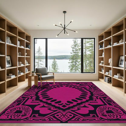 Bold Magenta Geometric Ornamental Frame Rug