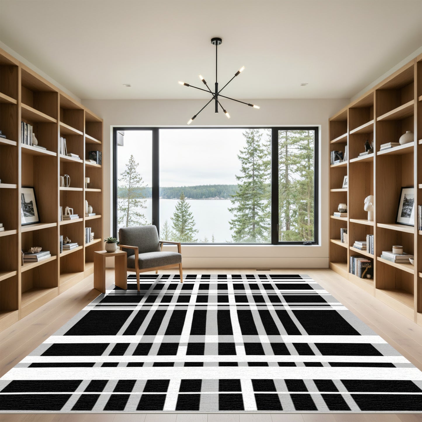 Bold Black White Grid Lines Rug