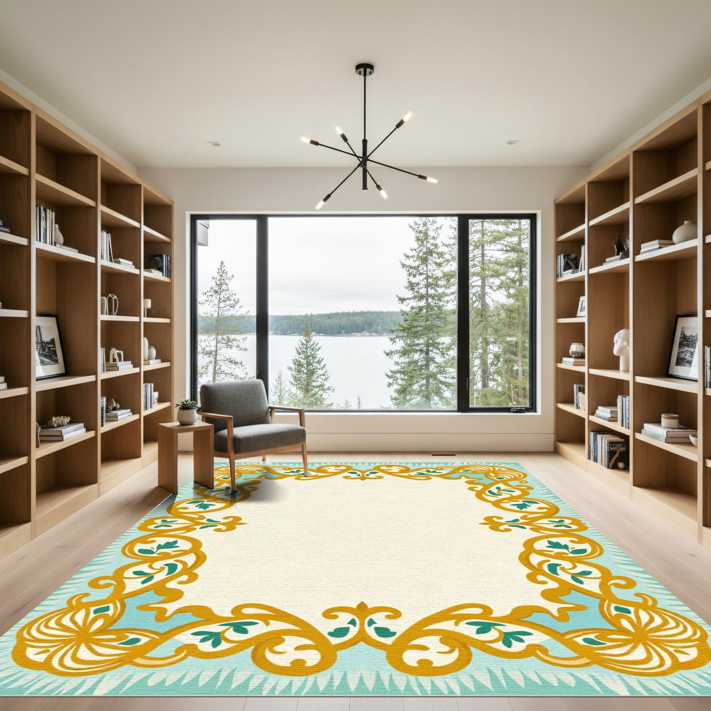 Golden Teal Floral Scroll Border Rug