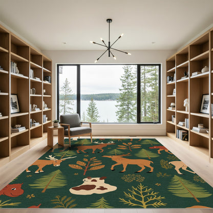 Woodland Animals Forest Green Creatures Rug