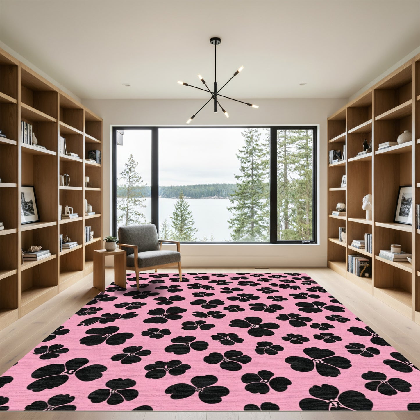 Black Floral Scatter Pink Background Rug