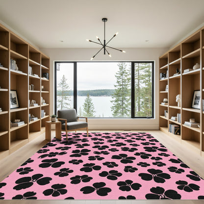 Black Floral Scatter Pink Background Rug