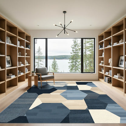 Navy Blue Geometric Hexagon Mosaic Rug