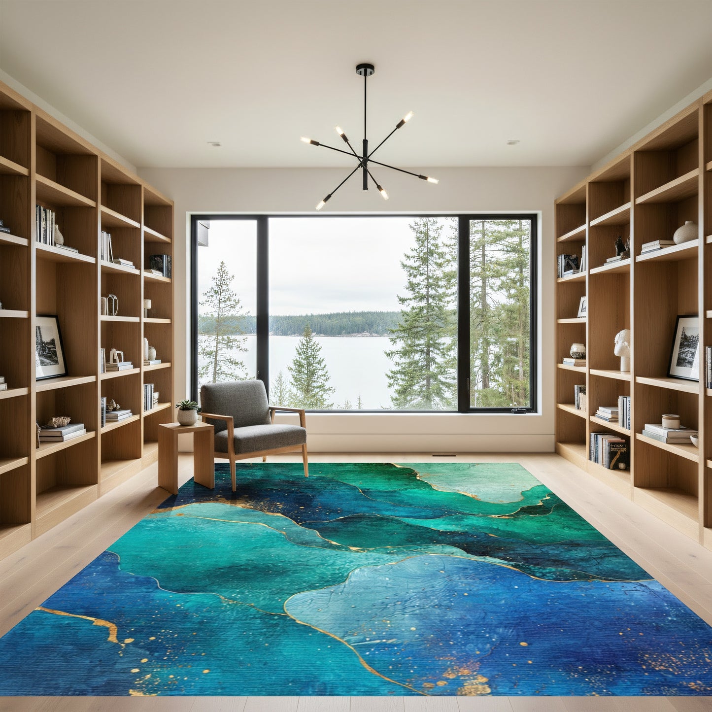 Swirling Teal Gold Fluid Rug