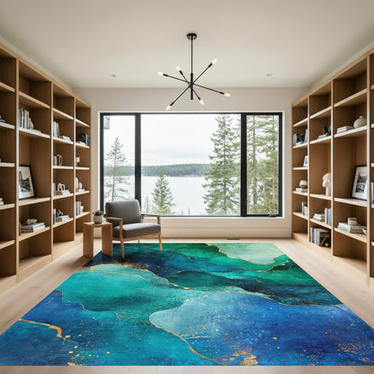 Swirling Teal Gold Fluid Rug