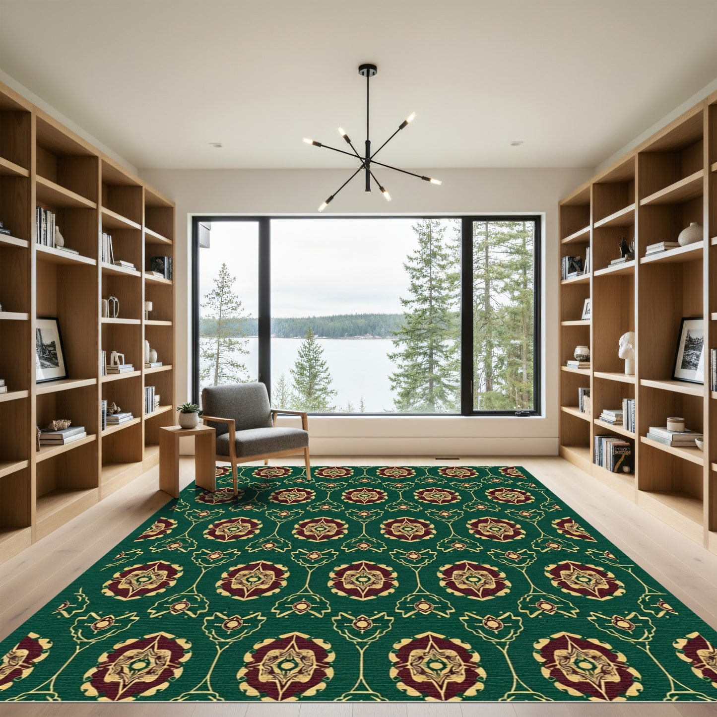 Deep Green Floral Medallion Arrangement Rug