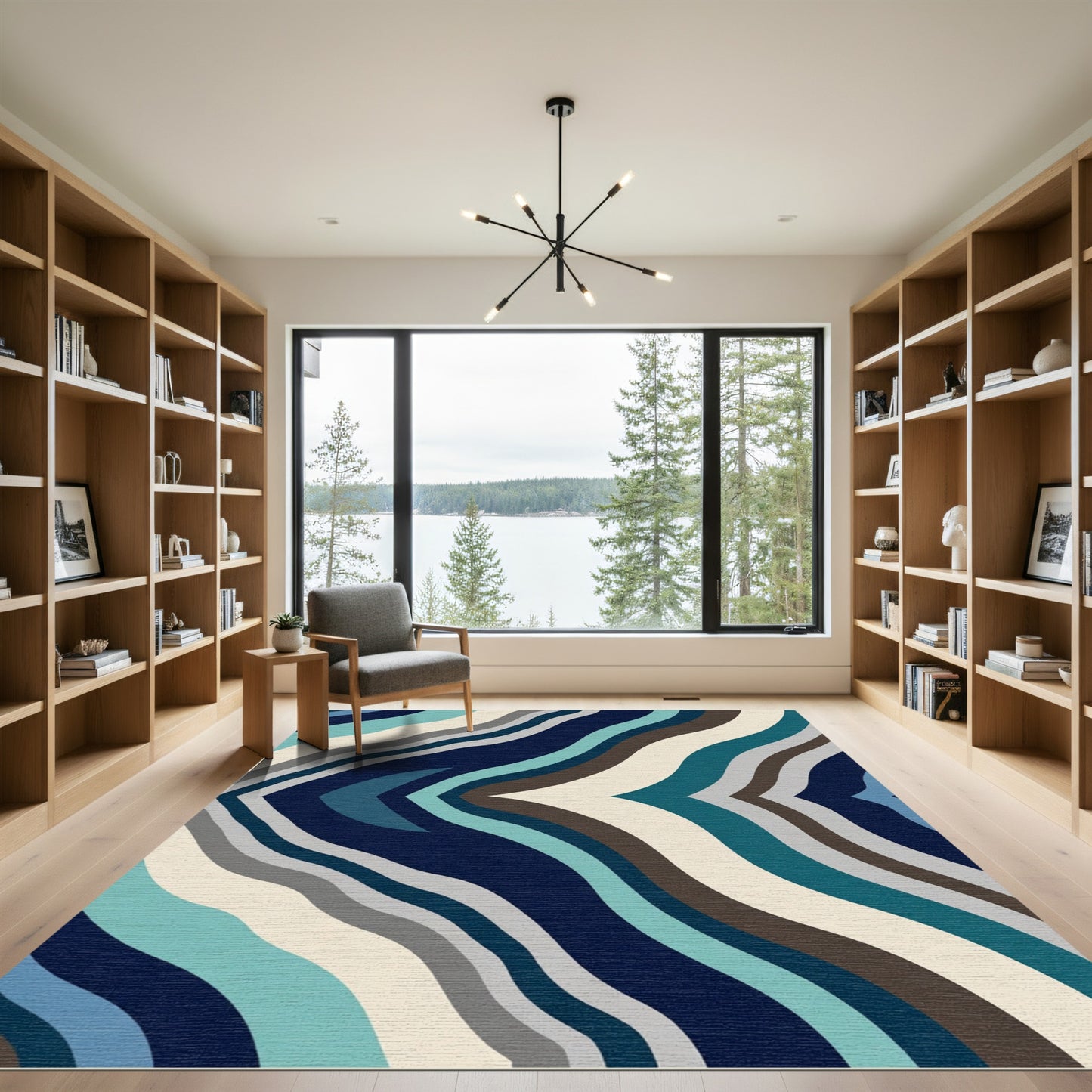Deep Blue Abstract Wavy Stripe Rug