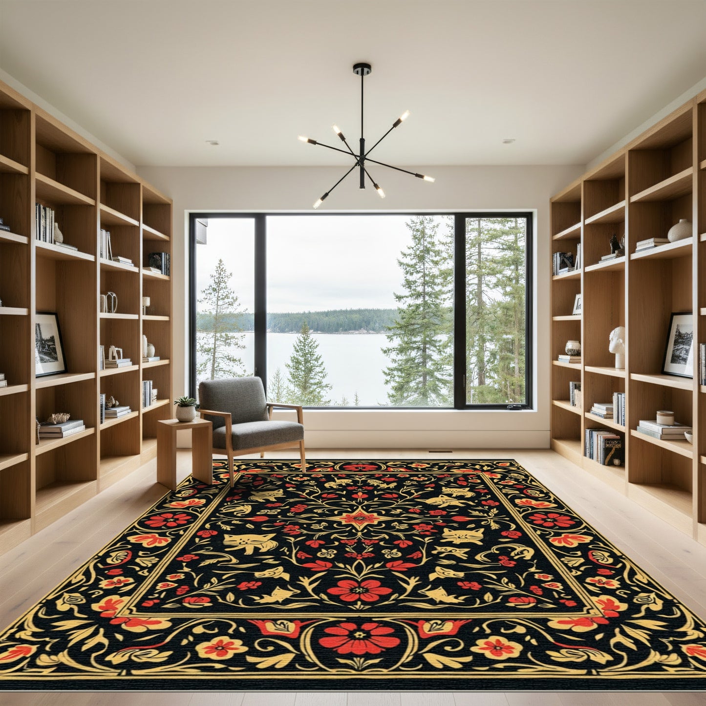Black Red Yellow Feline Floral Border Rug