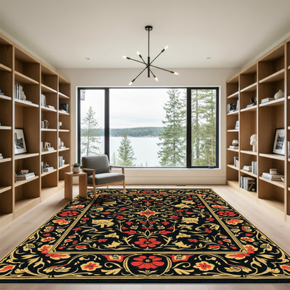 Black Red Yellow Feline Floral Border Rug