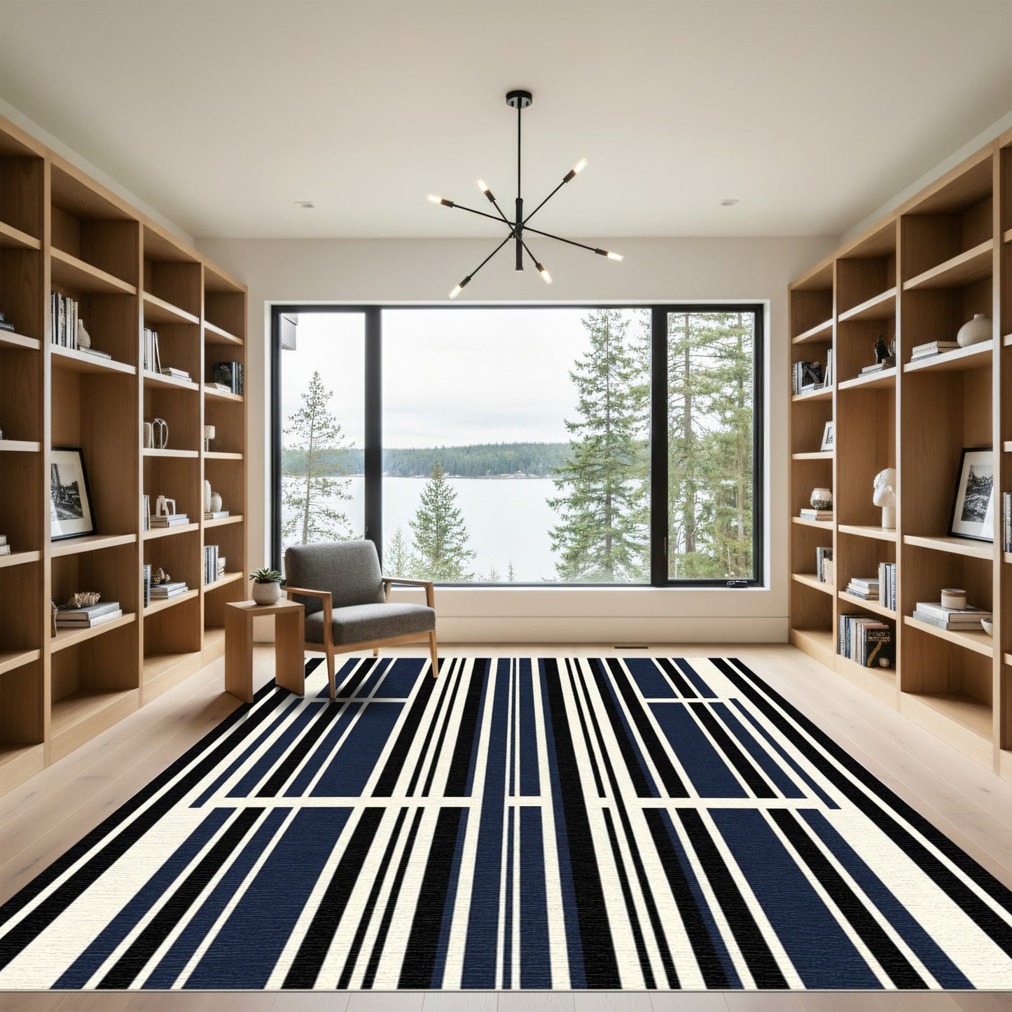 Modern Navy Black Strialike Stripes Rug