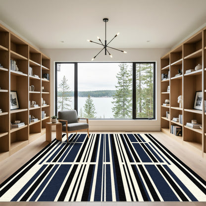 Modern Navy Black Strialike Stripes Rug