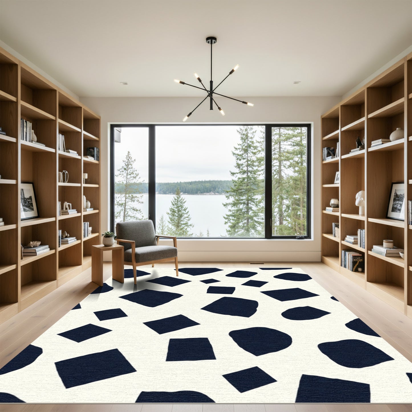Abstract Dark Blue Scattered Shapes Rug