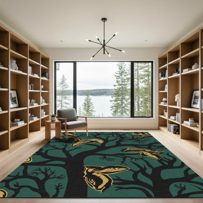 Dark Teal Autumn Forest Silhouette Creatures Rug