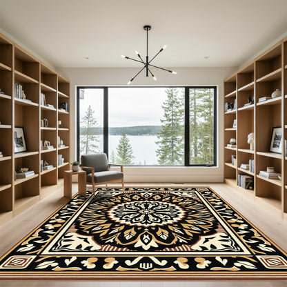 Vibrant Black Golden Medallion Border Rug