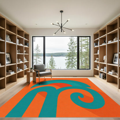 Retro Teal Arch Swirl Orange Rug