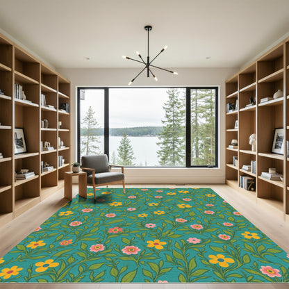 Teal Pink Yellow Floral Vine Rug