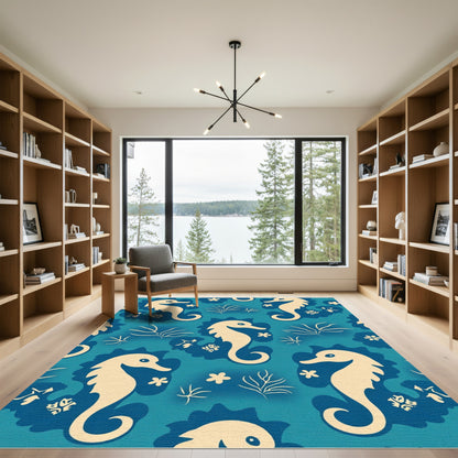 Cream Seahorse Aqua Floral Repeating Rug