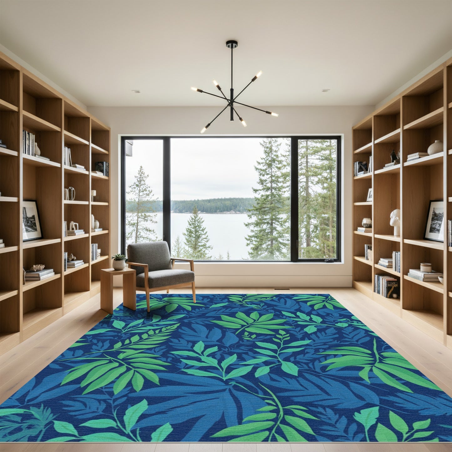 Deep Blue Greenery Leaf Pattern Rug