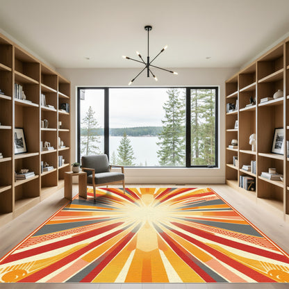 Retro Sunburst Red Orange Rays Rug