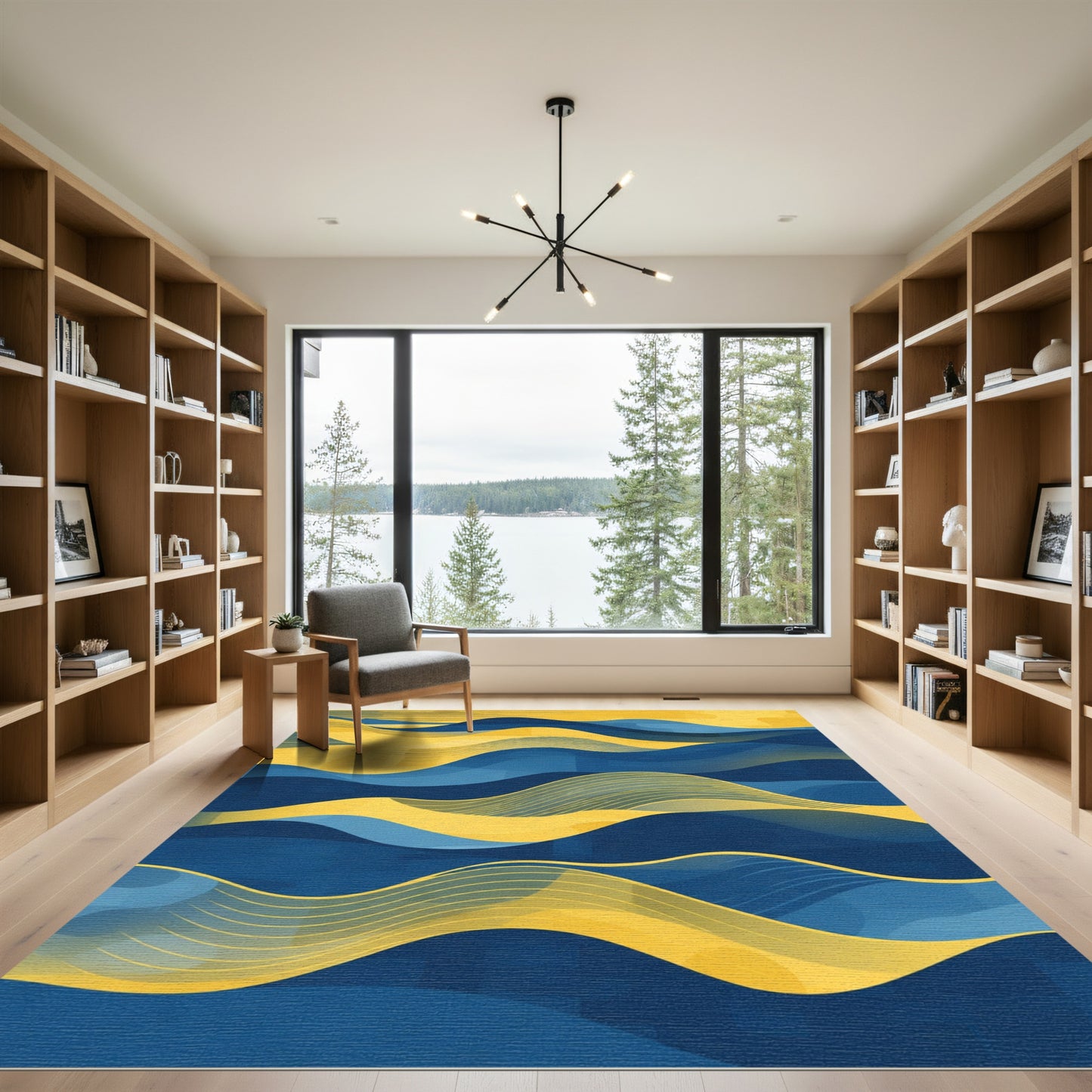 Abstract Blue Yellow Wavy Landscape Rug