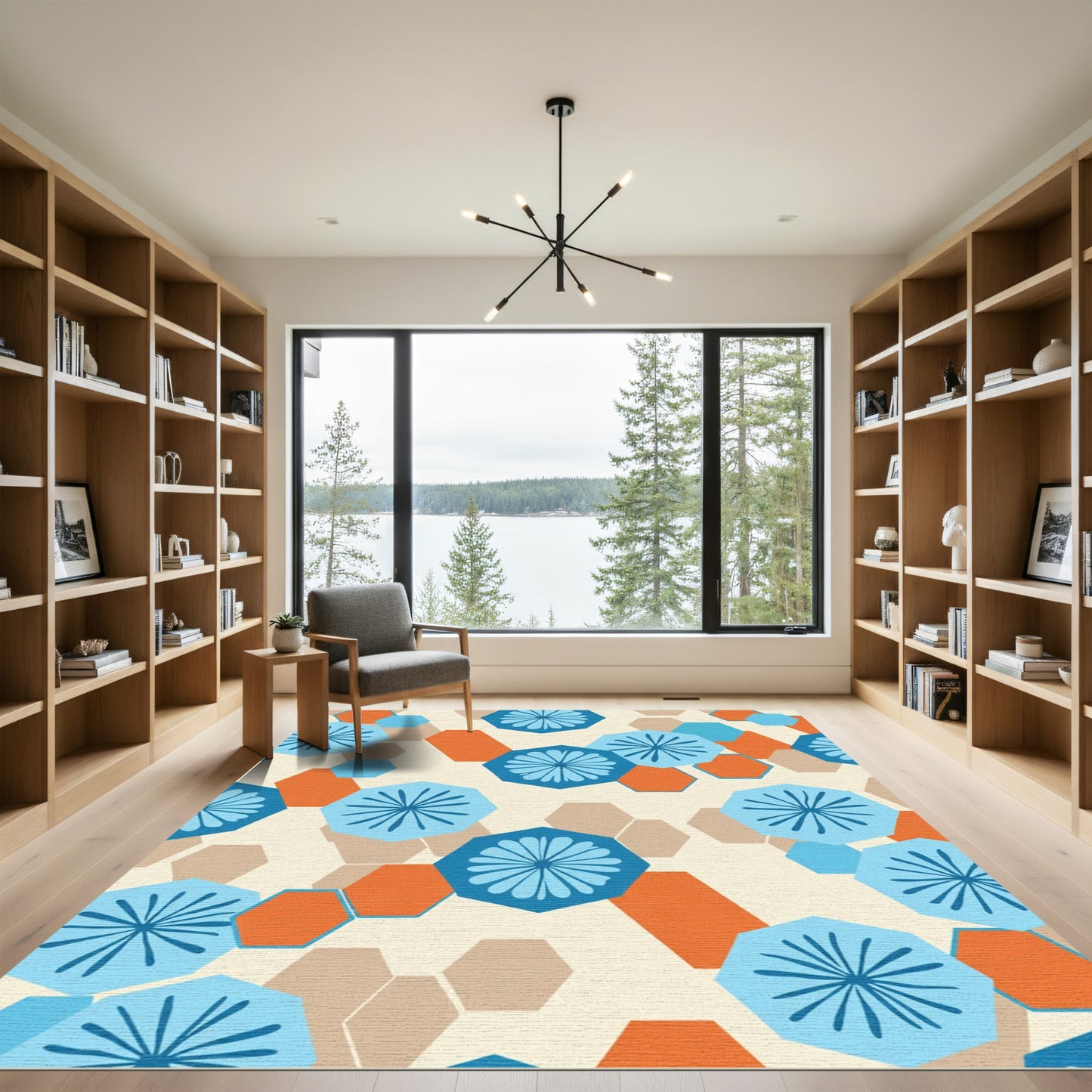 Retro Blue Orange Geometric Hexagon Rug